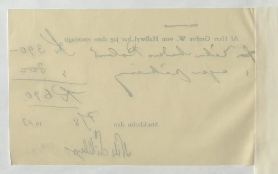 Kvitto gällande pengatransaktion mellan Wilhelmina von Hallwyl och Nils Lithberg