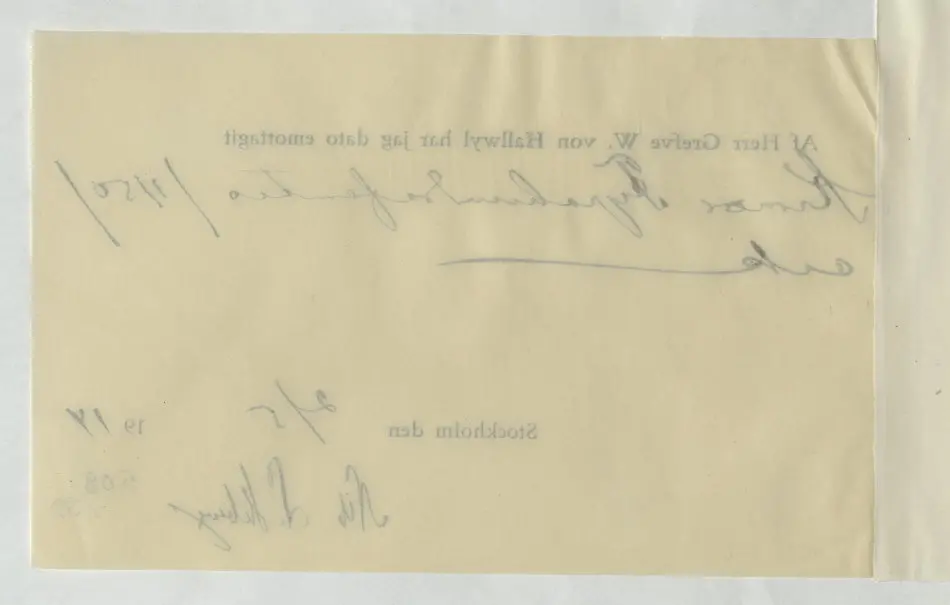 Kvitto gällande pengatransaktion mellan Walther von Hallwyl och Nils Lithberg