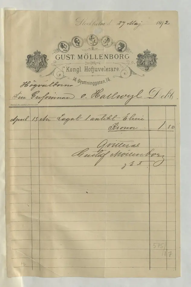 Bild på Kvitto från Gustaf Möllenborg, Juvelerare, 1892