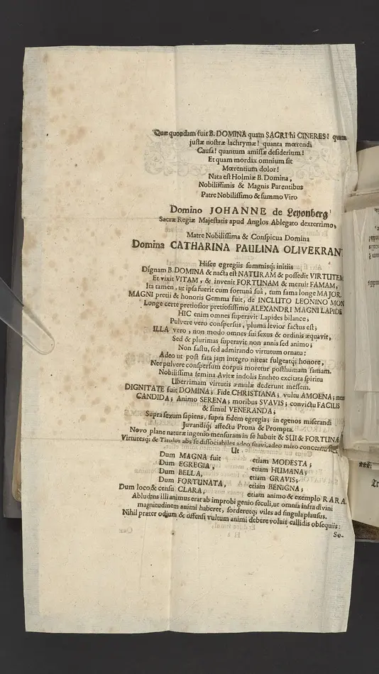 Sacri cineres ... memoriæ dom. Brigitæ Catharinæ de Leyonbergh ... domino Johanni Ceder-Krantz, domino de Wegholm ... offerunteer ... a Nicolao Neogardt.
