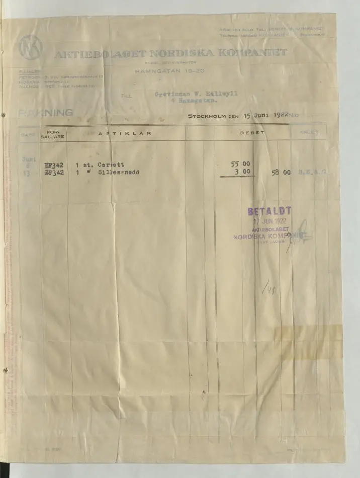Bild på Kvitto från Aktiebolaget Nordiska Kompaniet, 1922