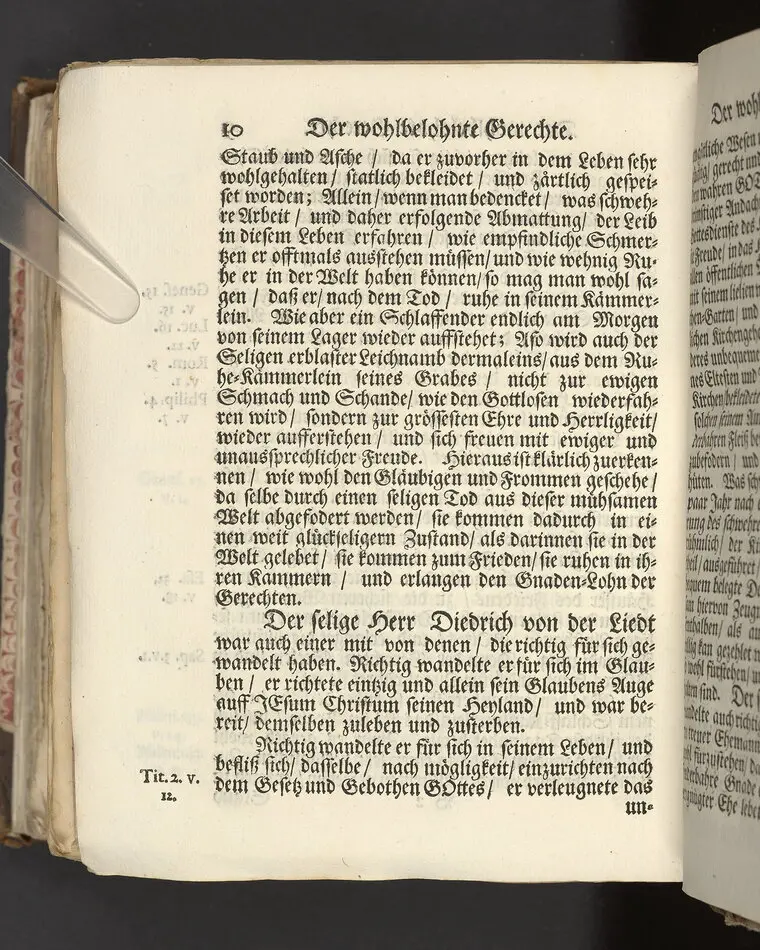 Der wohlbelohnte Gerechte, als der Weyland wohl-ehrenveste ... Diedrich von der Liedt, wohlbenahmter Kauff- und Handels-Mann in dieser königlichen Residentz-Stad Stockholm, und der hiesigen löblichen deutschen Kirchen wohlverordneter Eltester und Vorsteher, den 22. April, im Jahr Christi 1700. in der St. Nicolai Kirchen, bey volckreicher Versamlung, ansehnlich zur Erden bestetiget worden, fürgestellet aus dem 16. und 17. Versickeln des 5. Capitels des Buchs der Weiszheit, von M. Ægidio Strauchen ... Stockholm, gedruckt bey Olao Enæo, königl. Antiq. Arch. Buchdr.