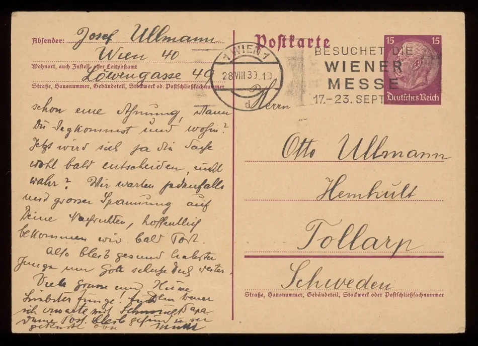 Brev från Elise och Josef Ullmann 1939-08-27