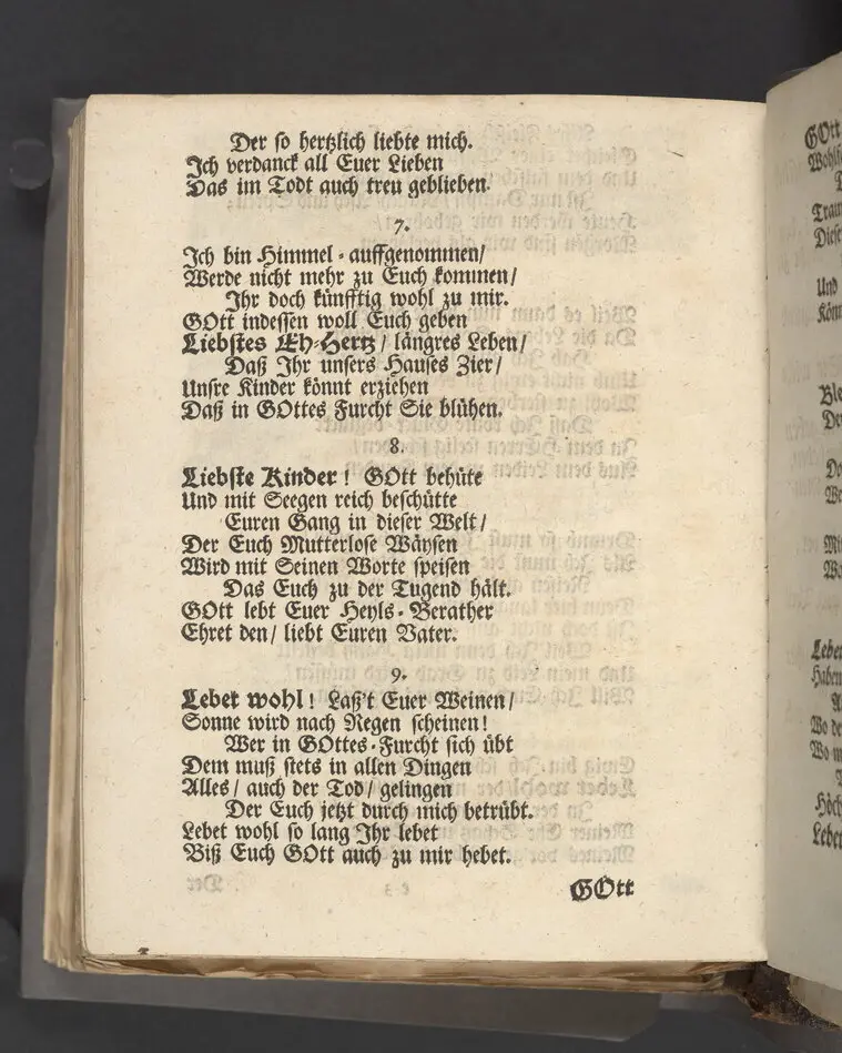 Abschieds-Seegen an das Trauer-Hauß/ gerichtet auf den Leich-Text Groß- Ehr - und tugend-begabten Frau/ Frauen Christina Groen gebohrnen Scharenbergin/ Weyland Hertzgeliebtesten Ehe-Frauen des Hoch-Ehren-Vesten / Groß-Achtbahren Herrn/ Herrn Werner Grön Vornehmen Kauff-Herrens in hiesiger Königl. Residence Stockholm, Als deroselben entseelter Cörper mit Hochansehnlicher Leich-Begängniß eingesencket ward; Aus schuligster Pflicht einfältig / doch wohlmeinend entworfen von Des Hochwerthen Hauses verpflichteten Diener G.W.S.