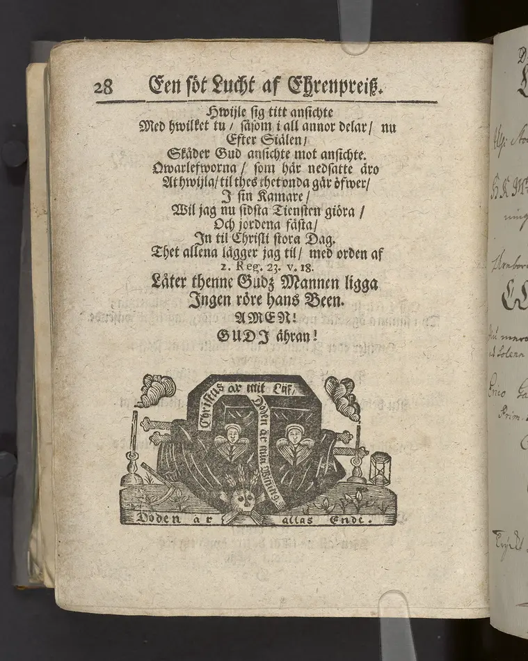 Een söt lucht af Ehrenpreisz, hwilken för thetta öfwer-inspectoren, then ädle och wälborne herren, nu hoos Gud weinnerligen salige, Herr Hans Ehrenpreus, lemnade ... tå thes dödelige deel nedsattes i griften, för altaret, uthi Arboga stadz-kyrckia, den 5. octobr. anno 1711 ... Stockholm, hos Johan H. Werner, kongl. May:tz och Upsala academiæ boktr. Åhr 1711.