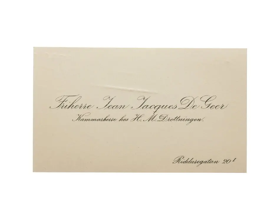 Visitkort från Friherre Jean Jacques De Geer, Kammarherre hos H. M. Drottningen.
