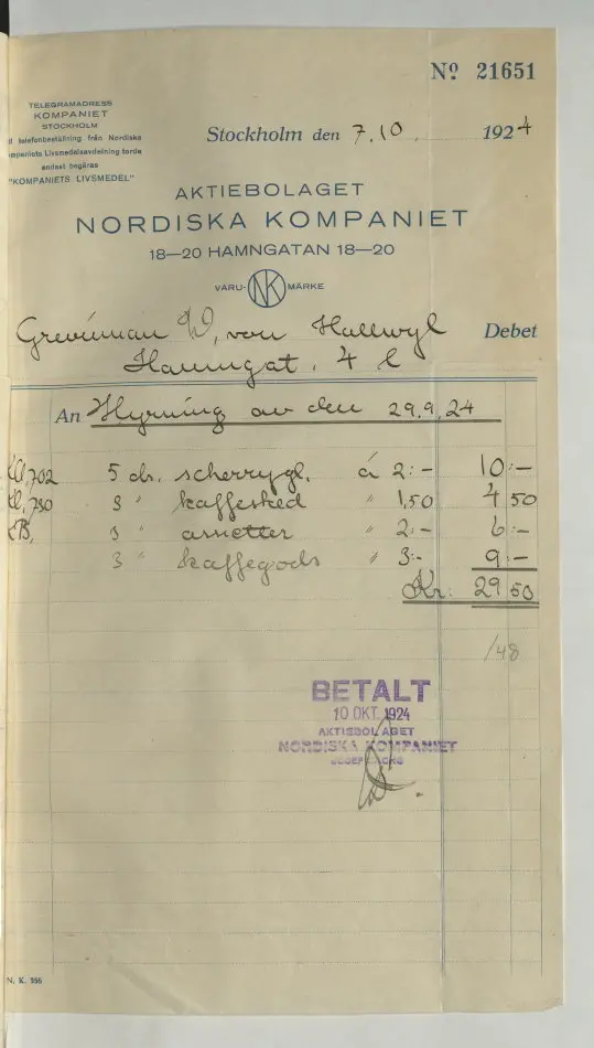 Bild på Kvitto från Aktiebolaget Nordiska Kompaniet, 1924