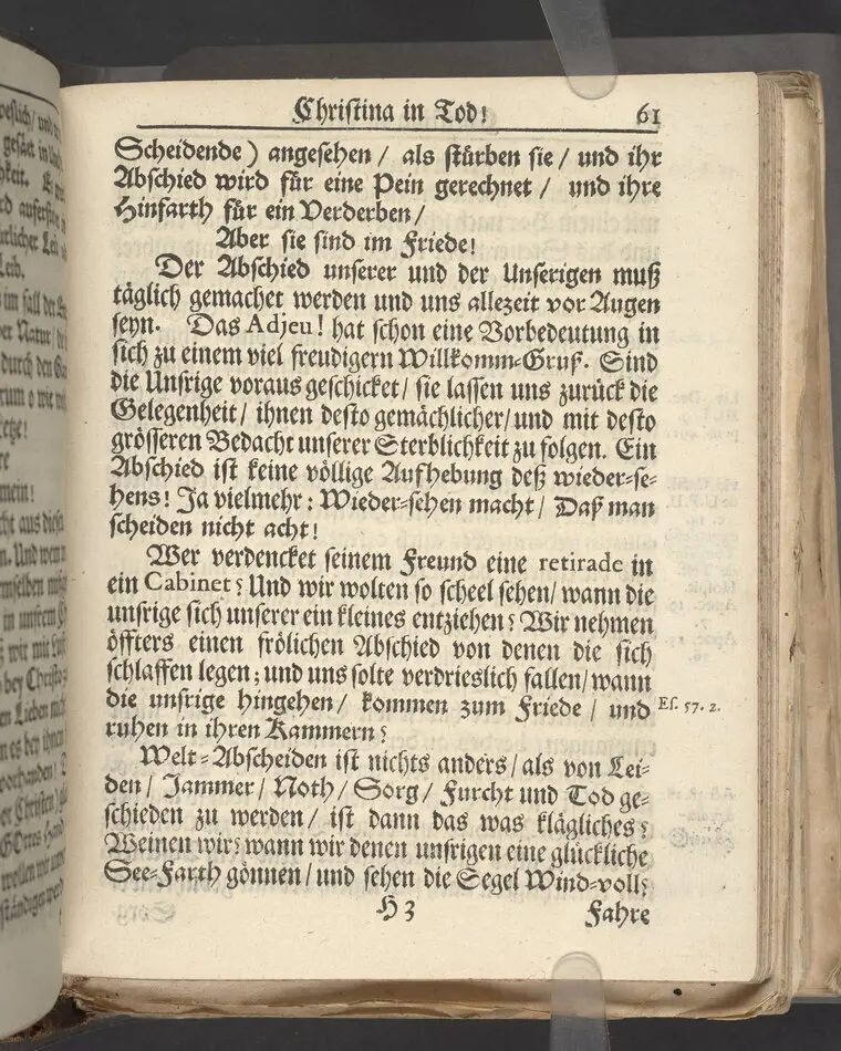 Christina in Leben/ Christina in Tod! Das ist Frühe doch lieb-volle Segen-Letze/ trauer-benehmende Trost-Letz/ und hoffnungs-volle Glaubens-Letze/ der weyland wohl-ehrbarn und gross-ehren tugendreichen Frauen Fr. Christina Grönin, gebornen Scharen-Bergin, desz wohl-ehren-vesten, grosz-achtbaren auch wohl-fürnehmen Herren Werner Gröns/ vornehmen Kauf-und Handels-Herren in hiesiger Königl. Residenz-Stadt Stockholm Herz-geschätzen Ehe-Gattin/ als deren verblichener Leichnam den 8 Maj-Monats, laufenden 1698-sten Heil-Jahrs, in Maria Magdalena Kyrch bey so wohl hoher/ als sonst ungemeiner Versamlung/ zur sanfften Erden-Ruh gebracht wurde/ zu inniger Trost-fasung vorgestellet von Johann Jacob Leibniz/ der h. Schrifft D. der löbl. Teutsschen Gemeine Past. und Consist. Assess. Stockholm/ Gedrucht bey Henrich Keysern/ J.K.Maejest: und der Acad. in Ups. Buchdrucker