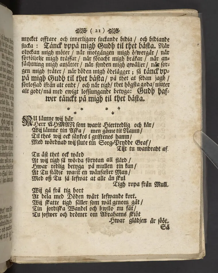 Gudz nådige åtancka, wara menniskians bästa; tå fordom kongl hof-stall-bookhållaren ... nu salige Andreas Åhman, vthi St. Jacobs kyrkio then 27 maij åhr 1712 sorgprydeligen begrafdes: wid griftebrädden cristeligen eftertänckt af ... Johan Possieth. Stockholm, tryckt hoos auditeuren Aron Holm.