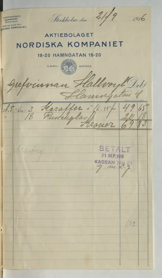 Bild på Kvitto från Aktiebolaget Nordiska Kompaniet, 1916