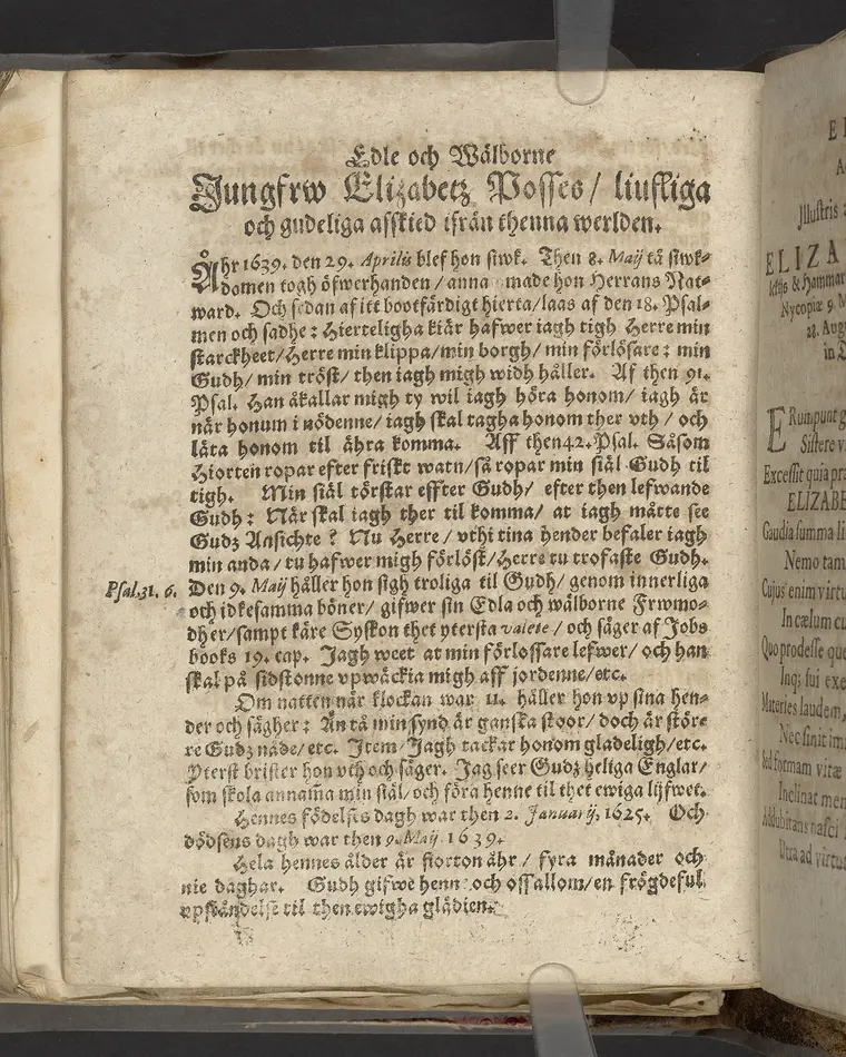 Lijkpredikning öfwer... I. Elisabeth Posse... begraffven, och vthi sin förfäders grifft nedhersatt i Daalby soknekyrkia then 28. augusti, åhr 1639. Hållen... af Olavo Laurelio... Tryckt i Upsala hoos Eskil Matzson.