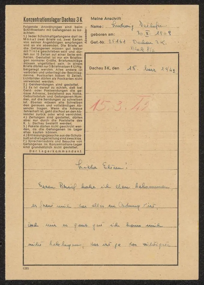Bild på Brev från Ludwig i koncentrationslägret Dachau 3K 1942-03-15