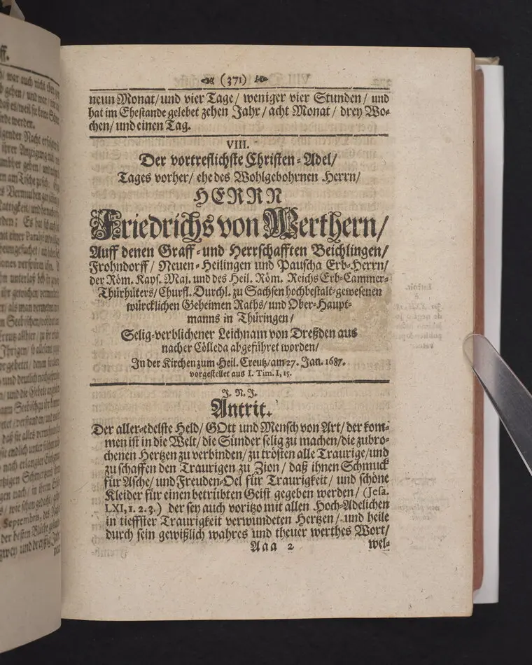 Bild på Der Vortrefflichste Christen-Adel/ In einer Christlichen Leichen-Predigt/ Tages vorher/ ehe Des ... Herrn Friedrichs von Werthern ... Der Röm. Käyserl. Maj. und des Heil. Röm. Reichs Erb-Cammer-Thürhüters .. Am 21. Decembr. 1686. Selig-verblichener Leichnam von Dreßden aus nacher Cölleda ... zu seinem Erb-Begräbnüß gebracht zu werden/ abgeführet worden.