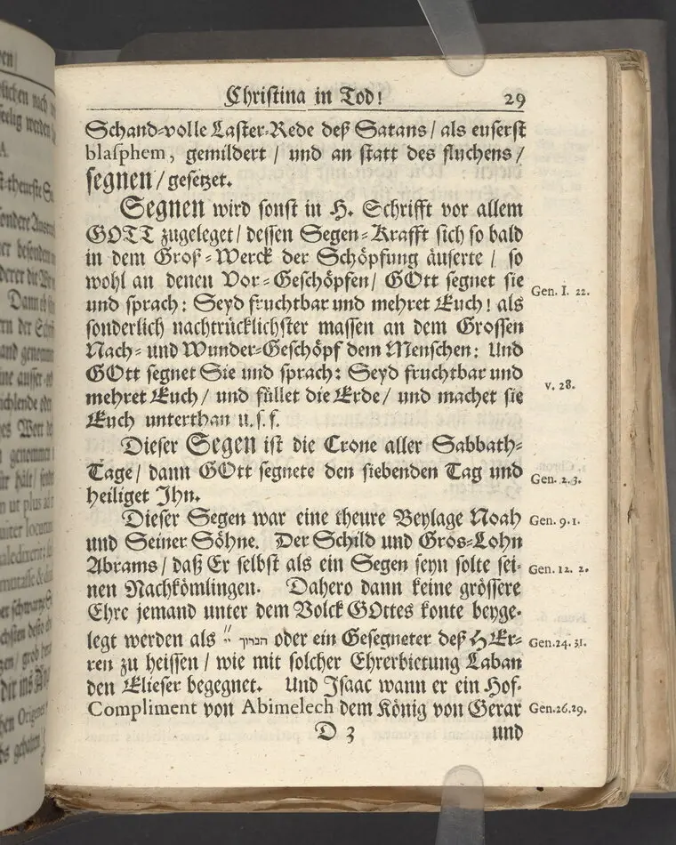 Christina in Leben/ Christina in Tod! Das ist Frühe doch lieb-volle Segen-Letze/ trauer-benehmende Trost-Letz/ und hoffnungs-volle Glaubens-Letze/ der weyland wohl-ehrbarn und gross-ehren tugendreichen Frauen Fr. Christina Grönin, gebornen Scharen-Bergin, desz wohl-ehren-vesten, grosz-achtbaren auch wohl-fürnehmen Herren Werner Gröns/ vornehmen Kauf-und Handels-Herren in hiesiger Königl. Residenz-Stadt Stockholm Herz-geschätzen Ehe-Gattin/ als deren verblichener Leichnam den 8 Maj-Monats, laufenden 1698-sten Heil-Jahrs, in Maria Magdalena Kyrch bey so wohl hoher/ als sonst ungemeiner Versamlung/ zur sanfften Erden-Ruh gebracht wurde/ zu inniger Trost-fasung vorgestellet von Johann Jacob Leibniz/ der h. Schrifft D. der löbl. Teutsschen Gemeine Past. und Consist. Assess. Stockholm/ Gedrucht bey Henrich Keysern/ J.K.Maejest: und der Acad. in Ups. Buchdrucker