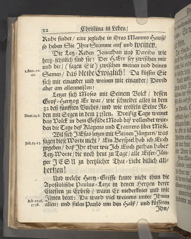 Christina in Leben/ Christina in Tod! Das ist Frühe doch lieb-volle Segen-Letze/ trauer-benehmende Trost-Letz/ und hoffnungs-volle Glaubens-Letze/ der weyland wohl-ehrbarn und gross-ehren tugendreichen Frauen Fr. Christina Grönin, gebornen Scharen-Bergin, desz wohl-ehren-vesten, grosz-achtbaren auch wohl-fürnehmen Herren Werner Gröns/ vornehmen Kauf-und Handels-Herren in hiesiger Königl. Residenz-Stadt Stockholm Herz-geschätzen Ehe-Gattin/ als deren verblichener Leichnam den 8 Maj-Monats, laufenden 1698-sten Heil-Jahrs, in Maria Magdalena Kyrch bey so wohl hoher/ als sonst ungemeiner Versamlung/ zur sanfften Erden-Ruh gebracht wurde/ zu inniger Trost-fasung vorgestellet von Johann Jacob Leibniz/ der h. Schrifft D. der löbl. Teutsschen Gemeine Past. und Consist. Assess. Stockholm/ Gedrucht bey Henrich Keysern/ J.K.Maejest: und der Acad. in Ups. Buchdrucker
