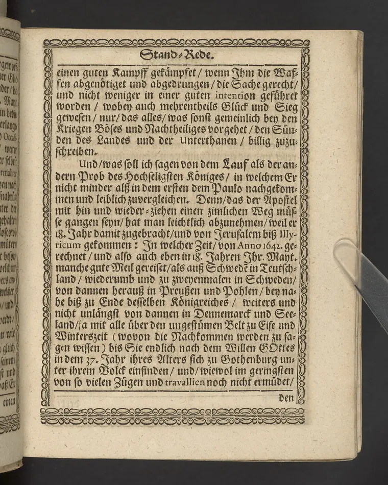 Lob eines rechtschaffenen, auszgeübeten und consummaten Königs, insonderheit aber des nunmehr in Gott ruhenden Carll Gustaffs der Schweden, Gothen und Wenden Königes ... zu vollführung derer in Alten Stettin angestellten Leich-Procession, in der Schloszkirche daselbst in einer Stand-Rede ... vorgestellet, von Ludovico Jacobi ... Mit kurtzer Beschreibung desselben Leich Conduicts, und dabey gepflogenen Solennitäten.