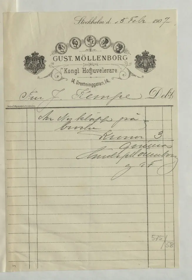 Bild på Kvitto från Gustaf Möllenborg, Juvelerare, 1907
