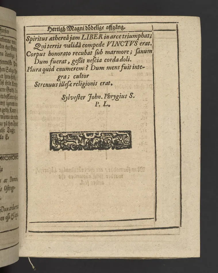 Agon regius, konglige Majesteetz till Swerige etc. H. Johans III... dödzkamp... Anteknat förste gången... på latiniskt språk... Dn. Jona Petri Nericio... Men nu... besmyckiat... medh Threnodia dramatica och... Drotningz Gunilæ epithaphijs... ich en... oration om... konungens... leffwerne... authore, Sylvestro Johan. Phrygio... Holmiæ A.C. 1620.