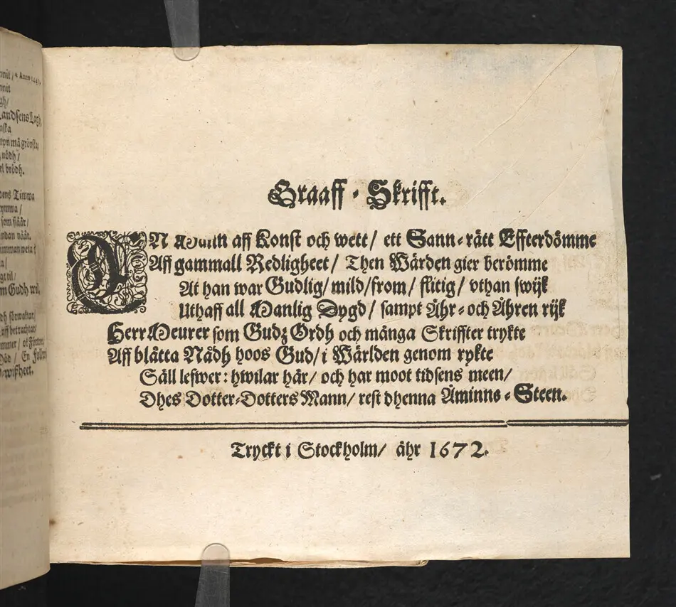 Then wissa o-wiszheet widh fordom kongl. book-tryckiarens ähreborn, wälacktad, och konst-kloke, nu hoos Gudh salige Hr. Ignatius Meurers, krist-waanlige jorde färd enfaldligen framstält af Lucidor then olyklige. Stockholm den 3 maij, anno 1672.