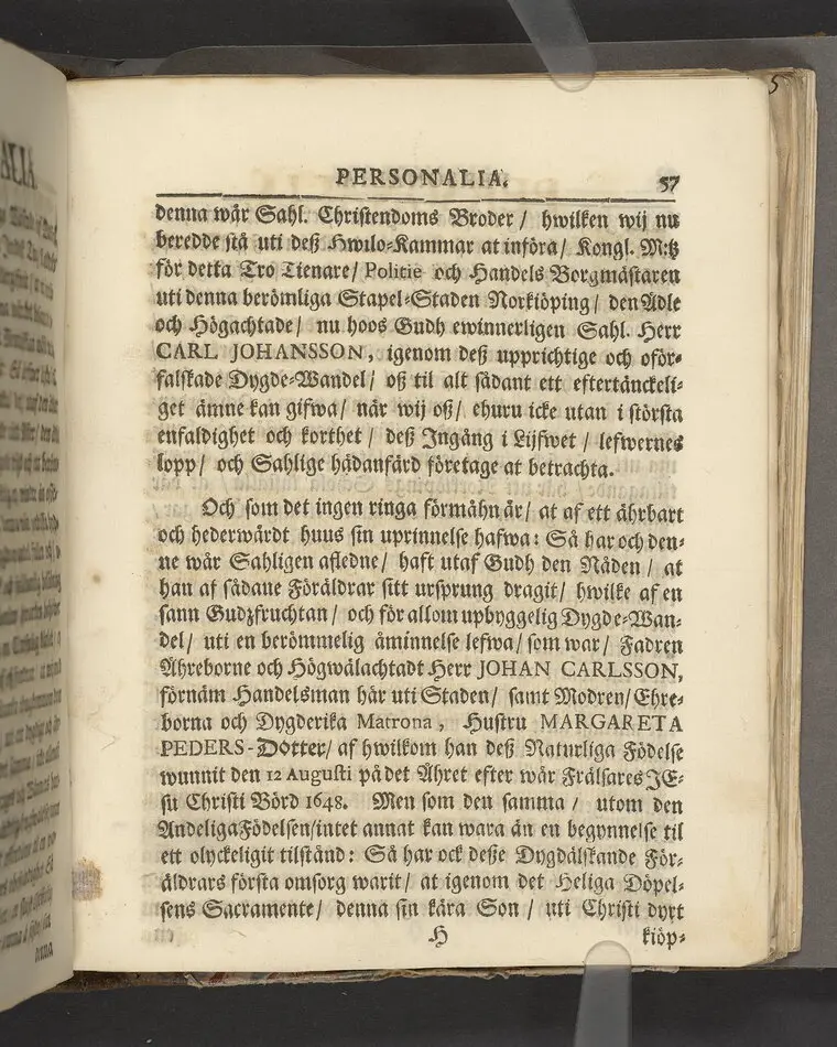 Gloriatio christiana, det är, en christelig berömelse af ett godt samwet. Hwilken den helige apostelen hafwer föreskrifwit; fordom kongl. may:ts tro-tienare ock Norkiöpings stads politie-borgmästare ... Carl Johansson altid älskat; och wid des jorde-färd uti en folckrijk församling den 23 febr. år 1708. allom christnom til efterdöme lemnat Petrus Asp ... Stockholm, tryckt, uti kongl. boktryckerie hos Joh. H. Werner, 1709.