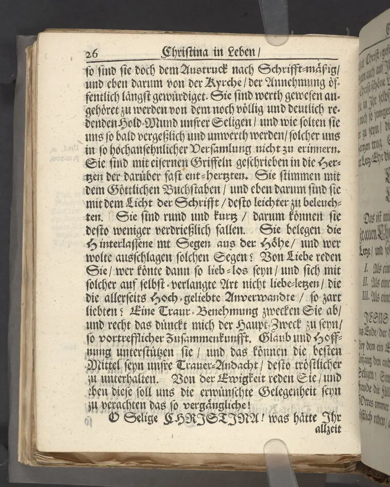 Christina in Leben/ Christina in Tod! Das ist Frühe doch lieb-volle Segen-Letze/ trauer-benehmende Trost-Letz/ und hoffnungs-volle Glaubens-Letze/ der weyland wohl-ehrbarn und gross-ehren tugendreichen Frauen Fr. Christina Grönin, gebornen Scharen-Bergin, desz wohl-ehren-vesten, grosz-achtbaren auch wohl-fürnehmen Herren Werner Gröns/ vornehmen Kauf-und Handels-Herren in hiesiger Königl. Residenz-Stadt Stockholm Herz-geschätzen Ehe-Gattin/ als deren verblichener Leichnam den 8 Maj-Monats, laufenden 1698-sten Heil-Jahrs, in Maria Magdalena Kyrch bey so wohl hoher/ als sonst ungemeiner Versamlung/ zur sanfften Erden-Ruh gebracht wurde/ zu inniger Trost-fasung vorgestellet von Johann Jacob Leibniz/ der h. Schrifft D. der löbl. Teutsschen Gemeine Past. und Consist. Assess. Stockholm/ Gedrucht bey Henrich Keysern/ J.K.Maejest: und der Acad. in Ups. Buchdrucker