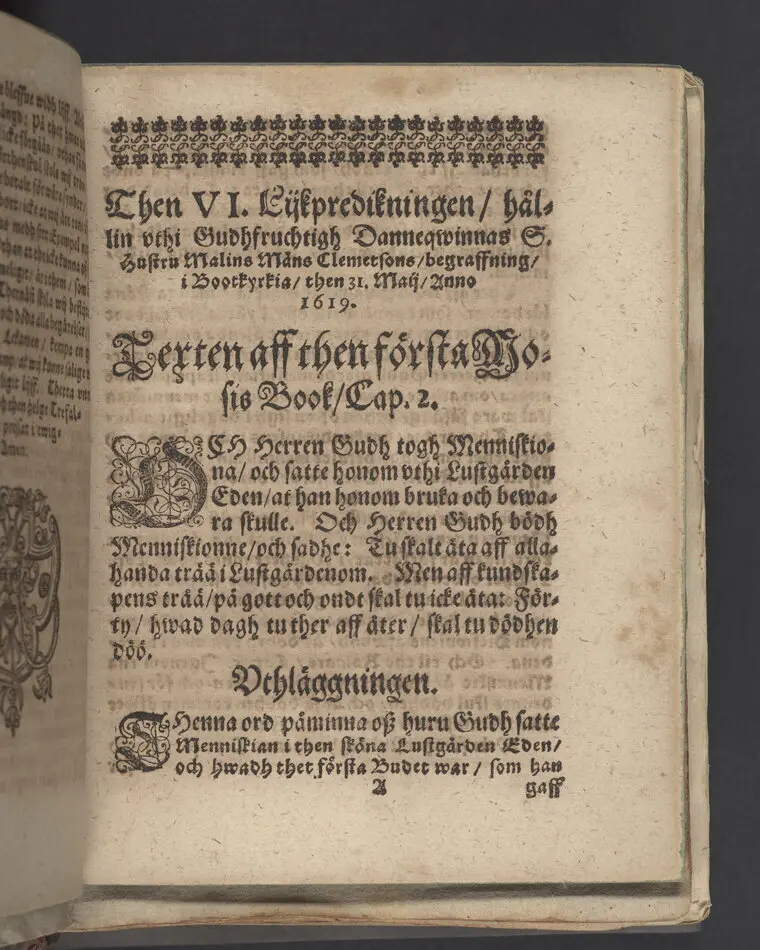 Bild på Then VI. lijkpredikningen ... vthi ... s. hustru Malins Måns Clemetsons, begraffning, i Bootkyrkia, then 31 maij, anno 1619.