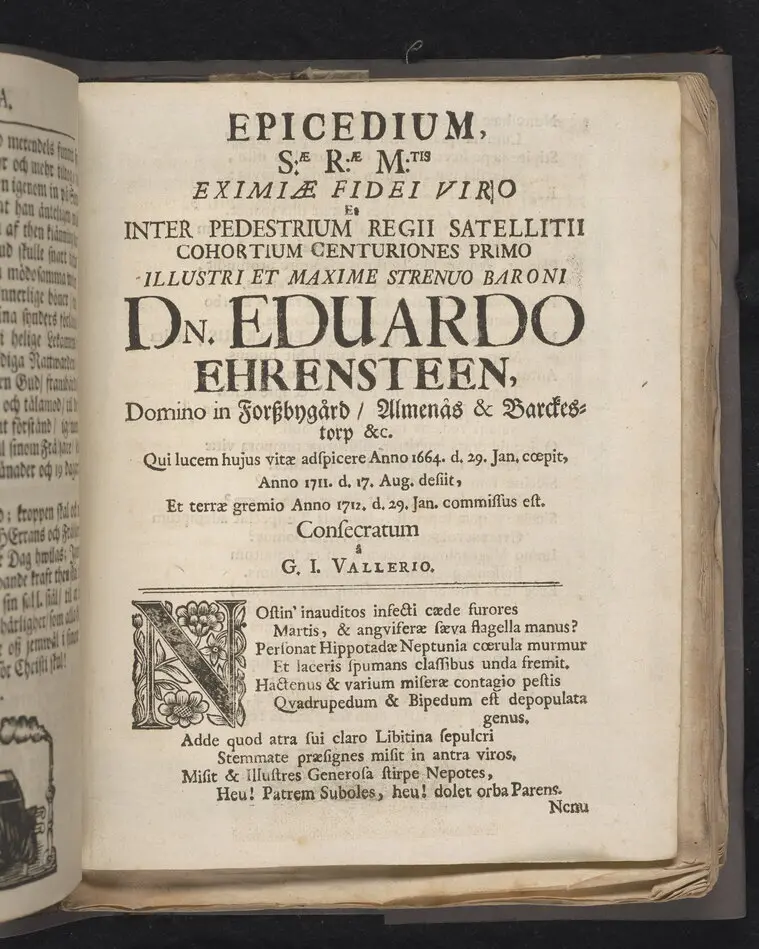 Asylum christianorum, eller The christnas tilflycht, betrachtat uti en enfaldig och gudelig lijk-predikan, i anledning af psalmen Davids 27. v. 5. öfwer hans kongl. may:tz wår allernådigste konungs tro-tienare ... nu hos Gud ewinnerligen salige, hr. Edvard Ehrensteen ... uti många höga personers, samt en ansenlig församlings närwaro, hållen i Öster Åkers kyrckia, den 29 jan. 1712. Af Gustaf Hallman ... Stockholm, hos Joh. Henr. Werner, kongl. may:tz och Upsala acad. boktr. 1713.