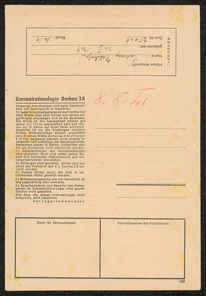 Bild på Brev från Ludwig i koncentrationslägret Dachau 3K 1941-08-08