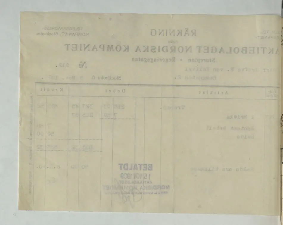 Kvitto från Aktiebolaget Nordiska Kompaniet, 1909