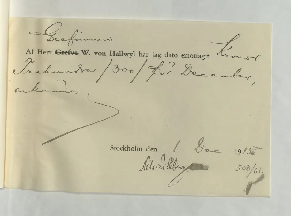 Bild på Emottagande av arvode gällande Nils Lithberg, 1915