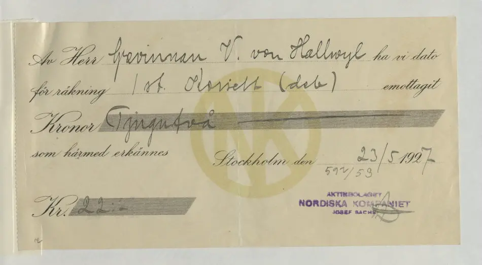 Bild på Kvitto från Aktiebolaget Nordiska Kompaniet, 1927