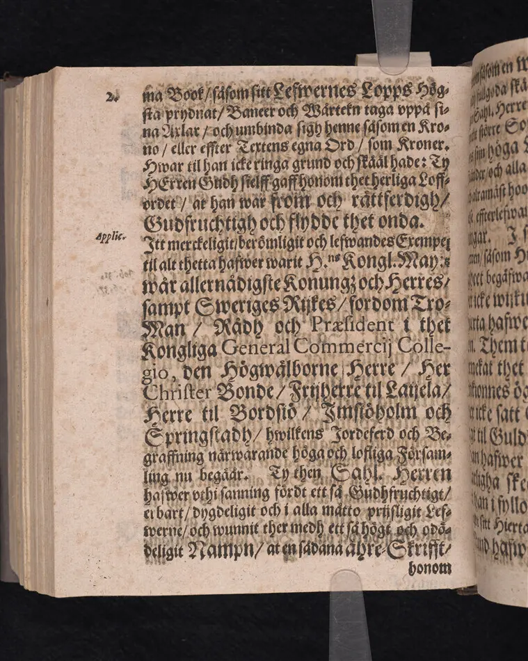 Corona sapientiæ, thet är wijsshetennes krona, medh een kort förklaring ... förfärdigat och vthi ... Christer Bondes ... begraffning ... framstelt aff Zachario L. Klingio ... Stockholm, tryckt hoos Ignatium Meurer ... anno MDCLXIII.