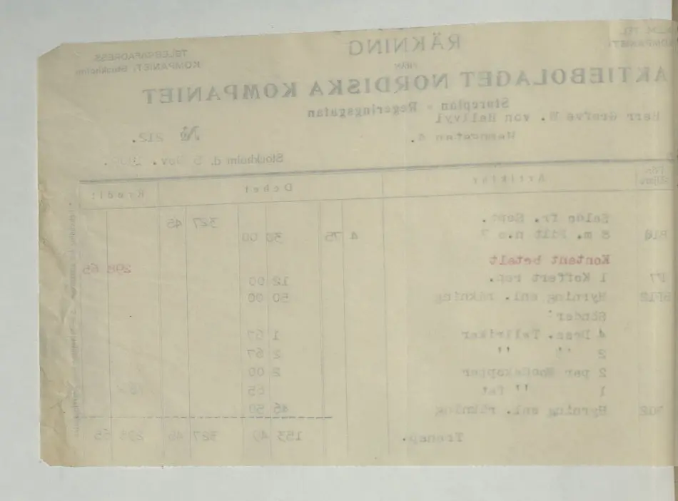 Kvitto från Aktiebolaget Nordiska Kompaniet, 1909