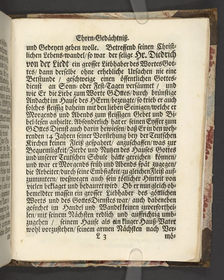 Der wohlbelohnte Gerechte, als der Weyland wohl-ehrenveste ... Diedrich von der Liedt, wohlbenahmter Kauff- und Handels-Mann in dieser königlichen Residentz-Stad Stockholm, und der hiesigen löblichen deutschen Kirchen wohlverordneter Eltester und Vorsteher, den 22. April, im Jahr Christi 1700. in der St. Nicolai Kirchen, bey volckreicher Versamlung, ansehnlich zur Erden bestetiget worden, fürgestellet aus dem 16. und 17. Versickeln des 5. Capitels des Buchs der Weiszheit, von M. Ægidio Strauchen ... Stockholm, gedruckt bey Olao Enæo, königl. Antiq. Arch. Buchdr.