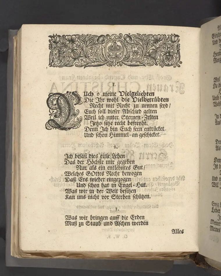 Abschieds-Seegen an das Trauer-Hauß/ gerichtet auf den Leich-Text Groß- Ehr - und tugend-begabten Frau/ Frauen Christina Groen gebohrnen Scharenbergin/ Weyland Hertzgeliebtesten Ehe-Frauen des Hoch-Ehren-Vesten / Groß-Achtbahren Herrn/ Herrn Werner Grön Vornehmen Kauff-Herrens in hiesiger Königl. Residence Stockholm, Als deroselben entseelter Cörper mit Hochansehnlicher Leich-Begängniß eingesencket ward; Aus schuligster Pflicht einfältig / doch wohlmeinend entworfen von Des Hochwerthen Hauses verpflichteten Diener G.W.S.