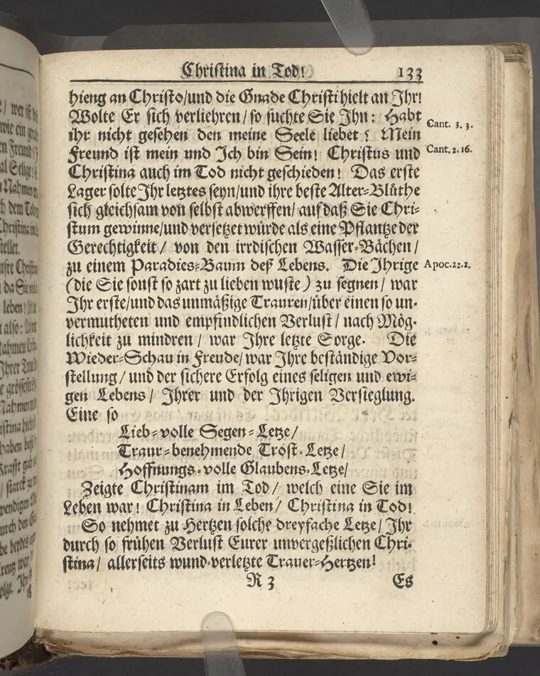 Christina in Leben/ Christina in Tod! Das ist Frühe doch lieb-volle Segen-Letze/ trauer-benehmende Trost-Letz/ und hoffnungs-volle Glaubens-Letze/ der weyland wohl-ehrbarn und gross-ehren tugendreichen Frauen Fr. Christina Grönin, gebornen Scharen-Bergin, desz wohl-ehren-vesten, grosz-achtbaren auch wohl-fürnehmen Herren Werner Gröns/ vornehmen Kauf-und Handels-Herren in hiesiger Königl. Residenz-Stadt Stockholm Herz-geschätzen Ehe-Gattin/ als deren verblichener Leichnam den 8 Maj-Monats, laufenden 1698-sten Heil-Jahrs, in Maria Magdalena Kyrch bey so wohl hoher/ als sonst ungemeiner Versamlung/ zur sanfften Erden-Ruh gebracht wurde/ zu inniger Trost-fasung vorgestellet von Johann Jacob Leibniz/ der h. Schrifft D. der löbl. Teutsschen Gemeine Past. und Consist. Assess. Stockholm/ Gedrucht bey Henrich Keysern/ J.K.Maejest: und der Acad. in Ups. Buchdrucker