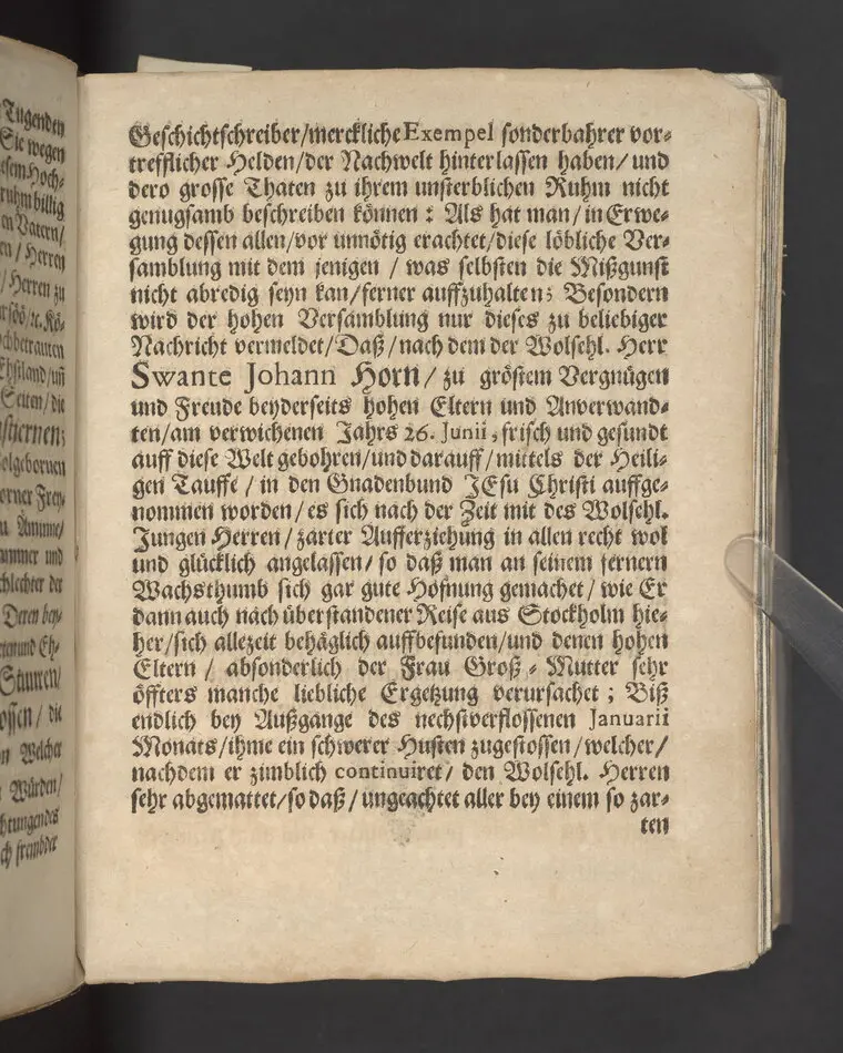 Die Kraft der heiligen Tauffe ... bey hochansehnlich-gehaltener Leichbegeignüß, des ... Herren Swante-Johan Horns, Frey-Herren zu Åminne ... ihrer Excellentz des ... Herren Bengt Horns, Frey-Herren zu Åminne ... Sohns, welcher den I. Februarii dieses 1671sten Jahres in Gott ... verschieden ... in einer Christl. Leichpredigt fürgestellet und erklehret durch Johannem Jacobum ...