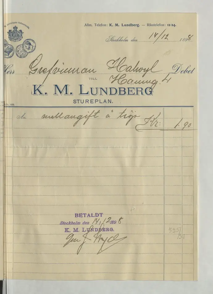 Bild på Kvitto från K.M Lundbergs Aktiebolag, Stureplan
