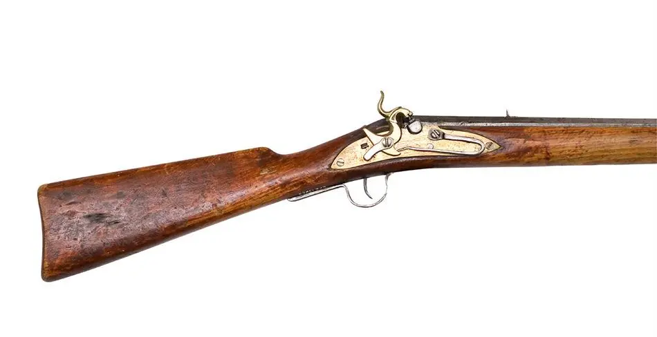 Slagsnapplåslodbösa, nordsvensk typ, utfjäderslås, tåspännare, 1800-talets mitt, pipan stämplad C I B.