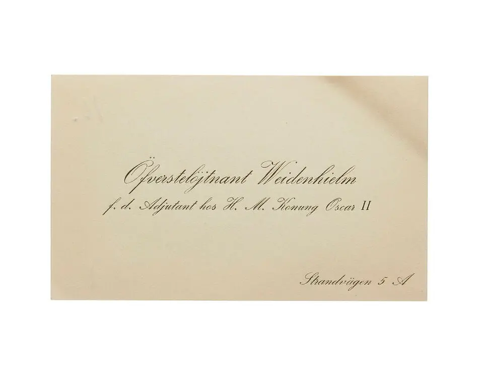 Visitkort från Kabinettskammarherre Weidenhielm, Överstelöjtnant i Kungl. Svea livgardes reserv