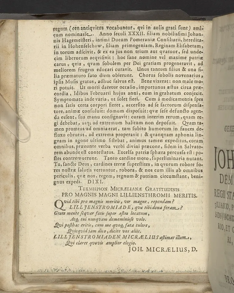 Generosus et magnificus Dn. Johan-Nicodemi Lillienstrohm, Sæ. R. Mtis. et regni Sveciæ secretarius status ... dominus in Eka, Boo et Eichsen ... prid. non. nov. ejusdem anni solemniter efferendvs, aviternæ memoriæ commendatus ... invitatur a Joh. Micrælio, D. Stetini, typis Georgii Goetschii, reg. pæd. typogr.