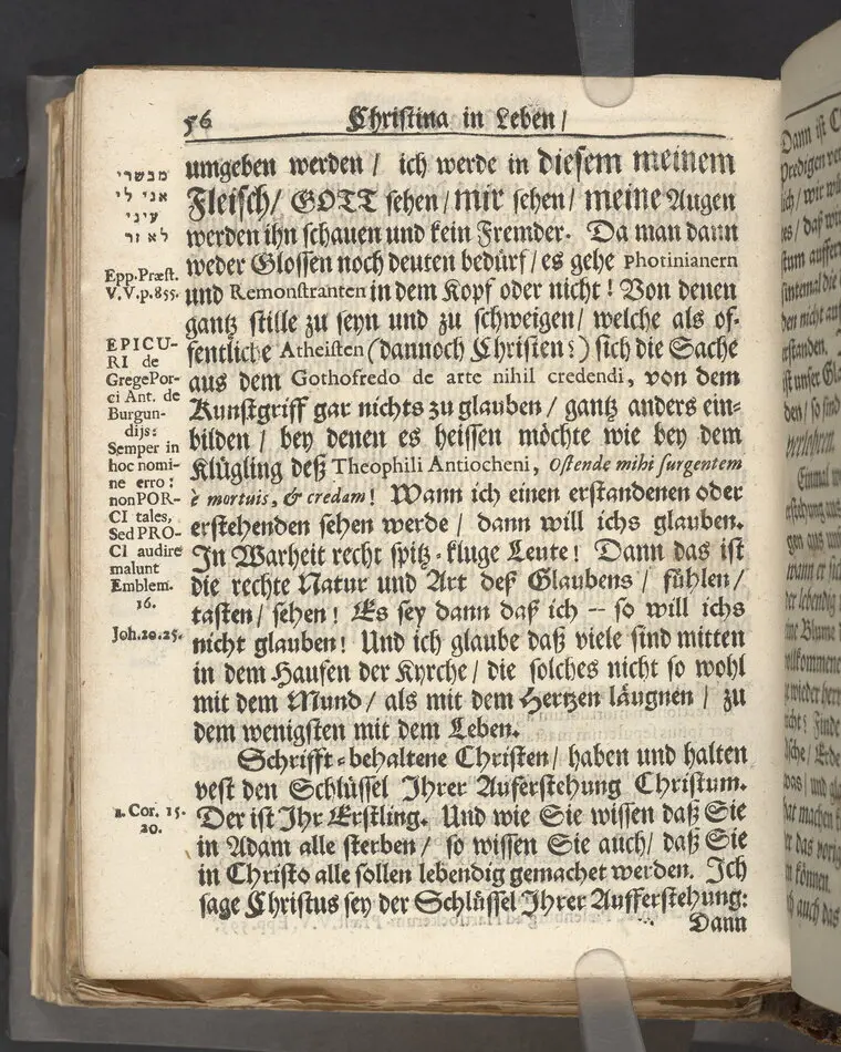 Christina in Leben/ Christina in Tod! Das ist Frühe doch lieb-volle Segen-Letze/ trauer-benehmende Trost-Letz/ und hoffnungs-volle Glaubens-Letze/ der weyland wohl-ehrbarn und gross-ehren tugendreichen Frauen Fr. Christina Grönin, gebornen Scharen-Bergin, desz wohl-ehren-vesten, grosz-achtbaren auch wohl-fürnehmen Herren Werner Gröns/ vornehmen Kauf-und Handels-Herren in hiesiger Königl. Residenz-Stadt Stockholm Herz-geschätzen Ehe-Gattin/ als deren verblichener Leichnam den 8 Maj-Monats, laufenden 1698-sten Heil-Jahrs, in Maria Magdalena Kyrch bey so wohl hoher/ als sonst ungemeiner Versamlung/ zur sanfften Erden-Ruh gebracht wurde/ zu inniger Trost-fasung vorgestellet von Johann Jacob Leibniz/ der h. Schrifft D. der löbl. Teutsschen Gemeine Past. und Consist. Assess. Stockholm/ Gedrucht bey Henrich Keysern/ J.K.Maejest: und der Acad. in Ups. Buchdrucker
