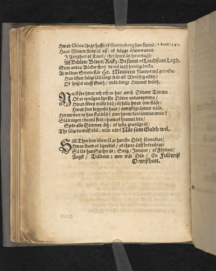 Then wissa o-wiszheet widh fordom kongl. book-tryckiarens ähreborn, wälacktad, och konst-kloke, nu hoos Gudh salige Hr. Ignatius Meurers, krist-waanlige jorde färd enfaldligen framstält af Lucidor then olyklige. Stockholm den 3 maij, anno 1672.