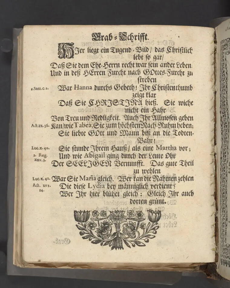 Abschieds-Seegen an das Trauer-Hauß/ gerichtet auf den Leich-Text Groß- Ehr - und tugend-begabten Frau/ Frauen Christina Groen gebohrnen Scharenbergin/ Weyland Hertzgeliebtesten Ehe-Frauen des Hoch-Ehren-Vesten / Groß-Achtbahren Herrn/ Herrn Werner Grön Vornehmen Kauff-Herrens in hiesiger Königl. Residence Stockholm, Als deroselben entseelter Cörper mit Hochansehnlicher Leich-Begängniß eingesencket ward; Aus schuligster Pflicht einfältig / doch wohlmeinend entworfen von Des Hochwerthen Hauses verpflichteten Diener G.W.S.