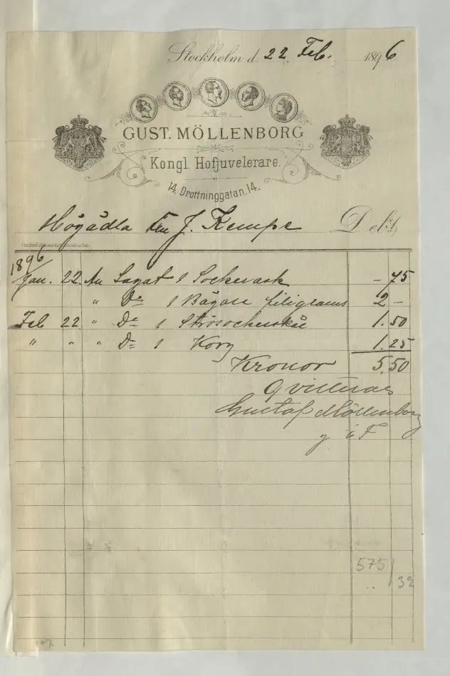 Bild på Kvitto från Gustaf Möllenborg, Juvelerare, 1896