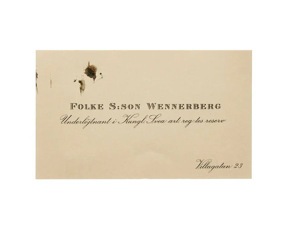 Bild på Visitkort från Folke S:son Wennerberg, underlöjtnant i Kungl. Svea art. reg:tes reserv