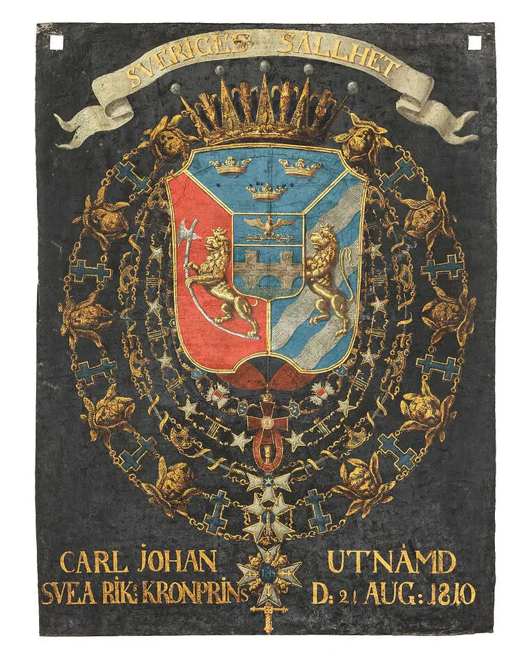 Bild på Serafimersköld för konung Karl XIV Johan av Sverige som kronprins av Sverige-Norge 1810-1818, urspr.upphängd i Riddarholmskyrkan, Stockholm.