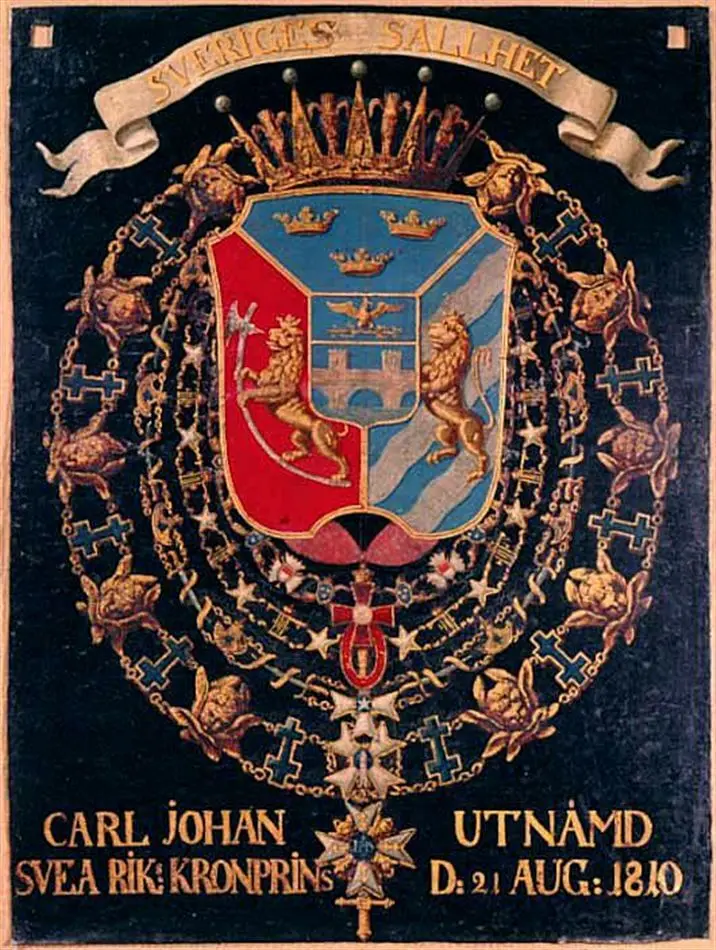 Serafimersköld för konung Karl XIV Johan av Sverige som kronprins av Sverige-Norge 1810-1818, urspr.upphängd i Riddarholmskyrkan, Stockholm.