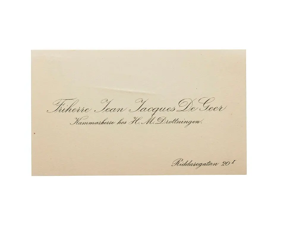 Visitkort från Friherre Jean Jacques De Geer, Kammarherre hos H. M. Drottningen.