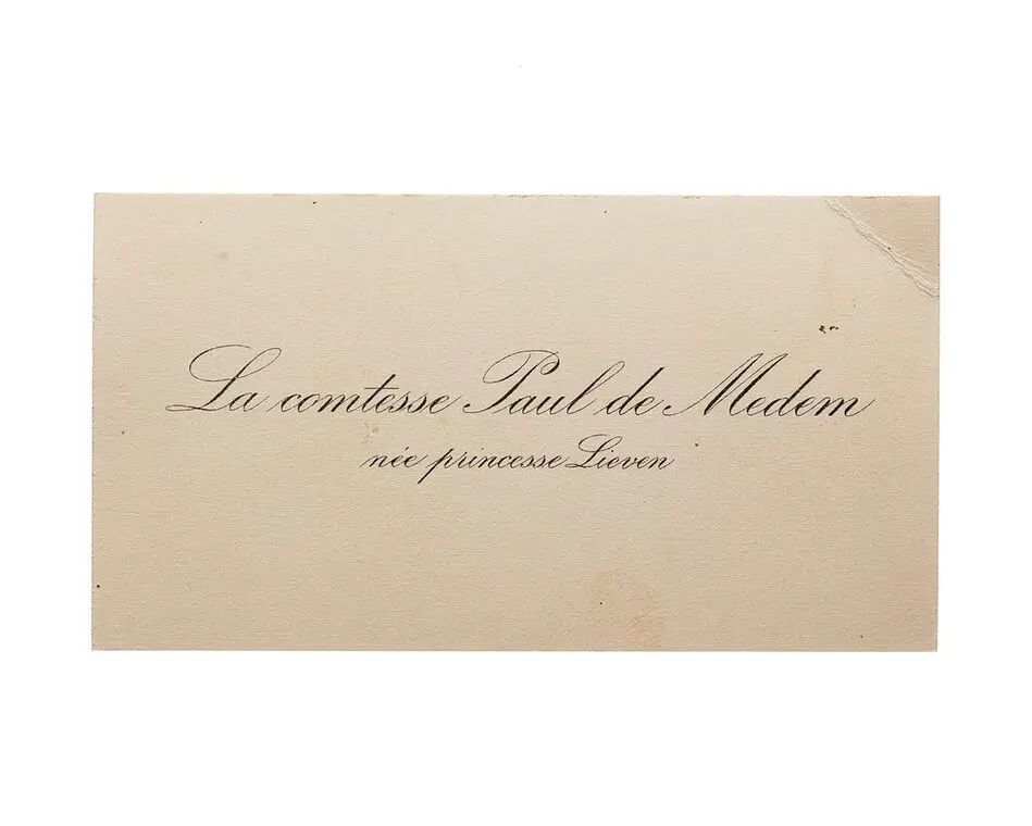 Visitkort från Le Comtesse Helene de Medem, nee princesse Lieven.